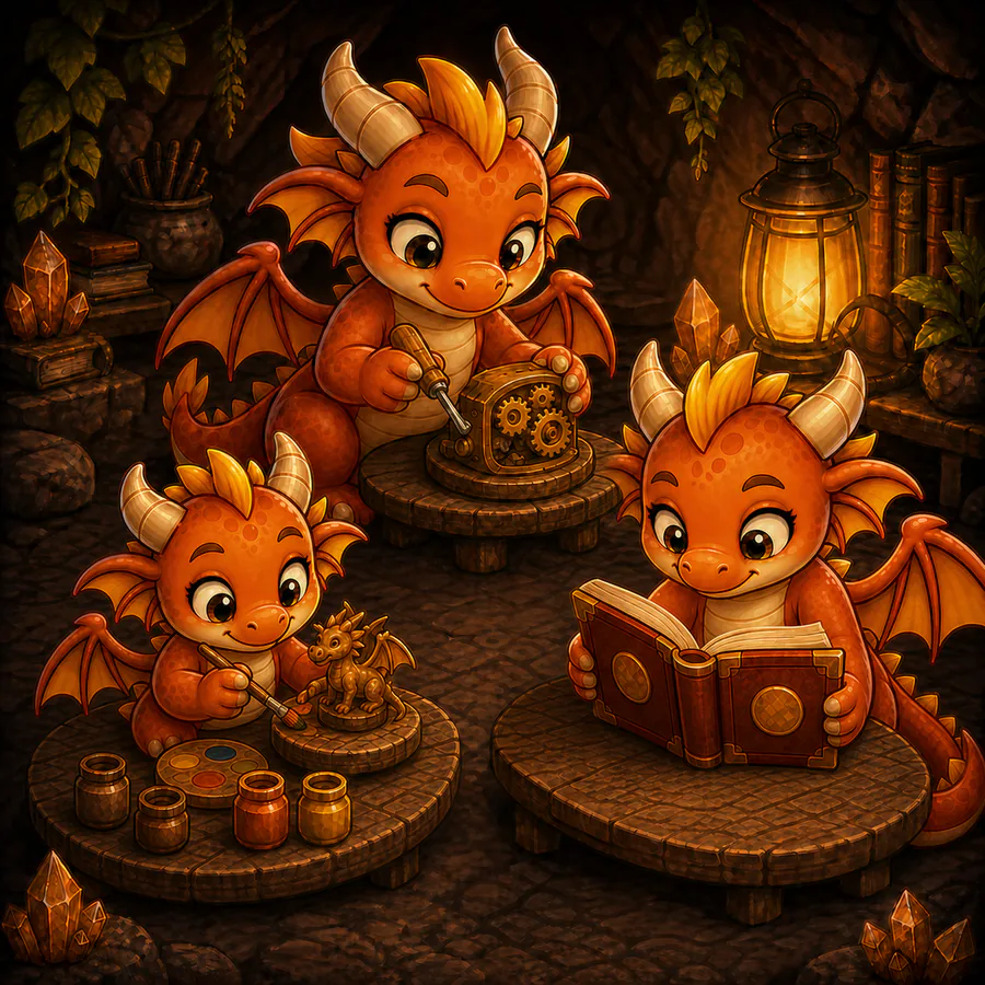 Trois bébés dragons occupés dans la tanière : l’un bricole à un établi, l’autre prépare une potion, le troisième lit un livre.