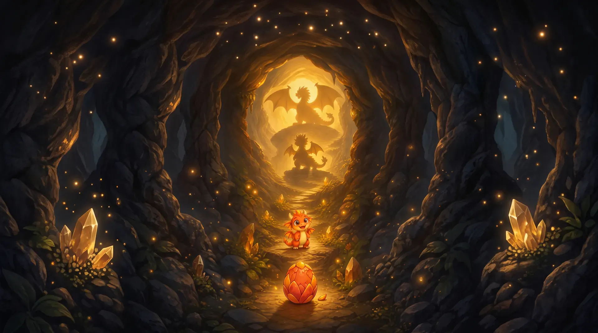 Les quatre formes du dragon superposées : l’œuf au premier plan, le bébé dragon, puis les silhouettes du jeune dragon et du dragon adulte au fond de la grotte.